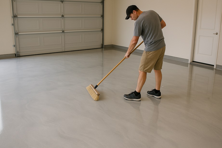 man cleaning epoxy floor after installation