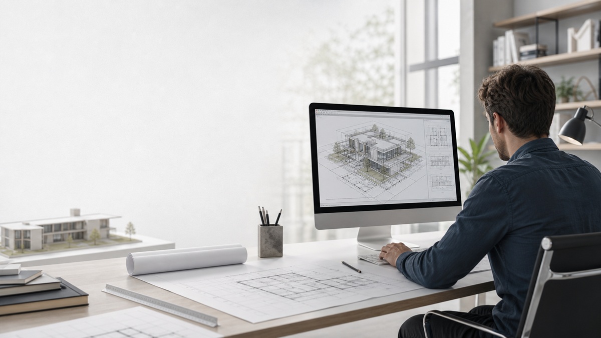 image of an architectural draftsman sitting drawing plans on a computer