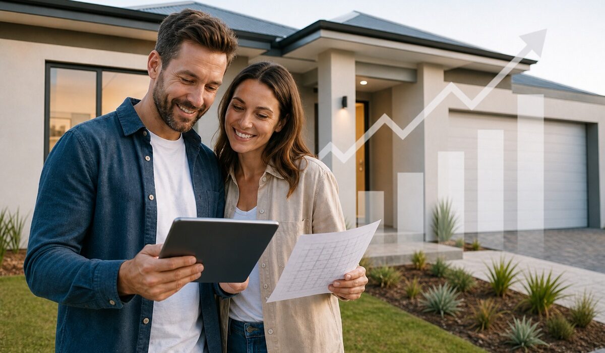 man and women looking at graphs showing their home equity value increasing