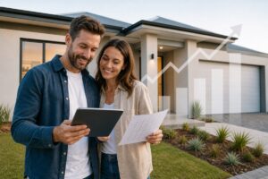 man and women looking at graphs showing their home equity value increasing