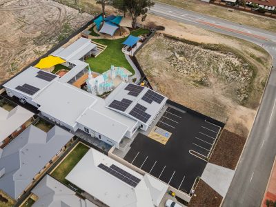 image of childcare centre built by IQ Construction from above showcasing parking area in Halls Head